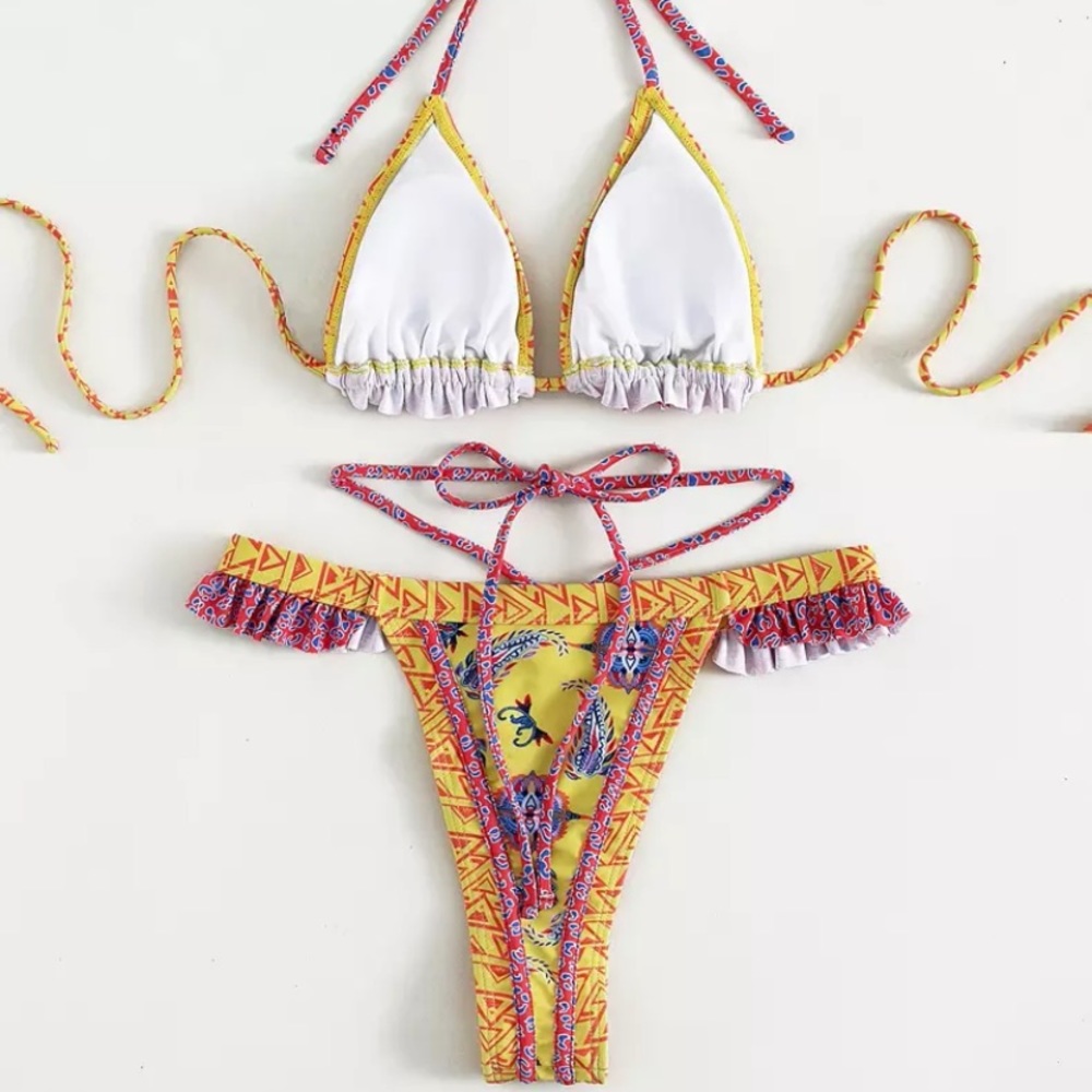 Yellow Bohemian Paisley Colorful Abstract Triangle Two Piece Bikini Swimsuit - Picture 4 of 5